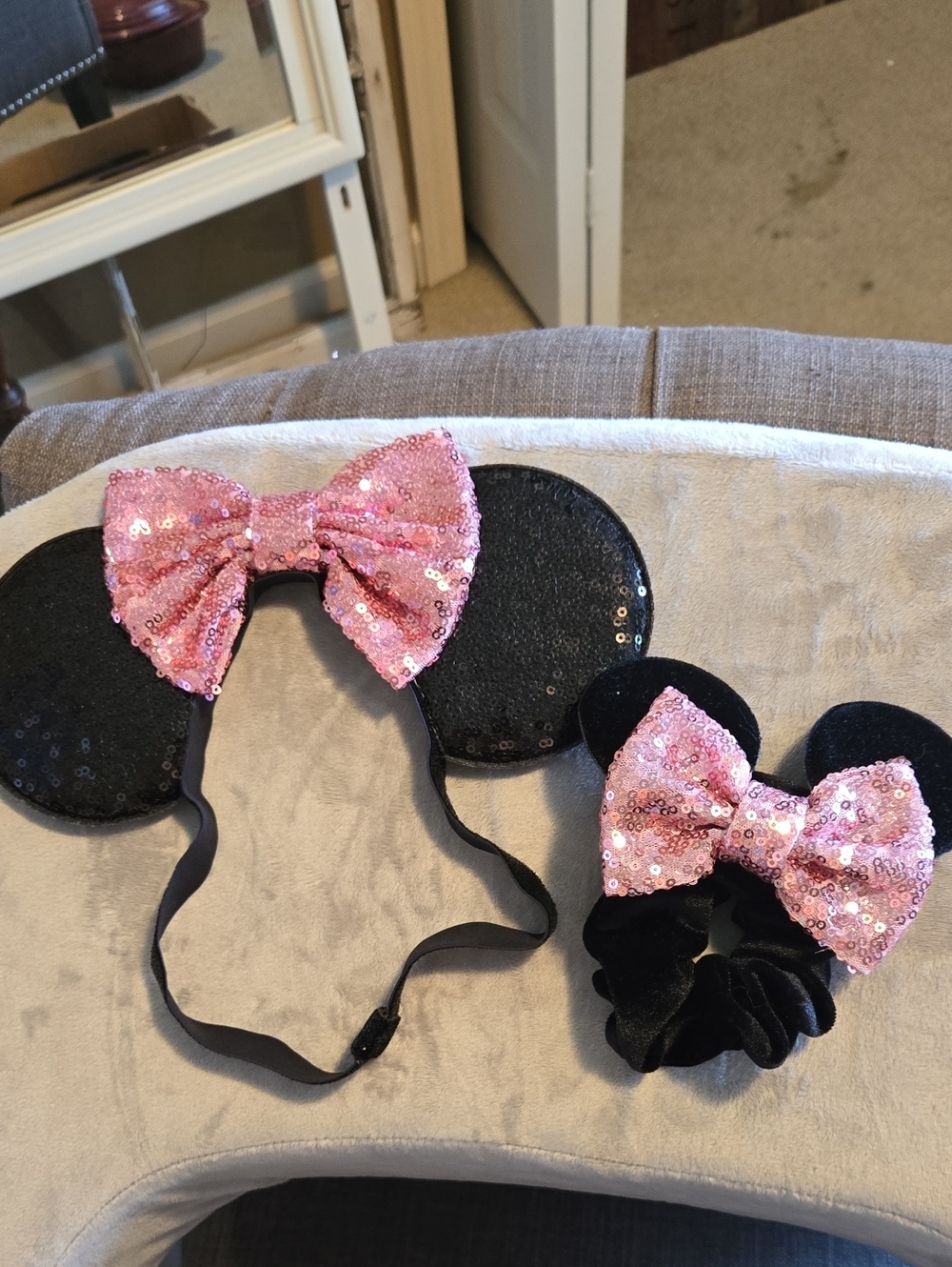 Black Sequin Minnie Ears Headband + Scrunchie Set with Pink Sequin Bows
